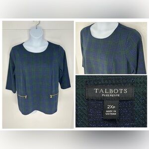 Talbots NWT Jacquard Top Black Watch Plaid Size 2XP Petite 3/4 Sleeve Office NEW